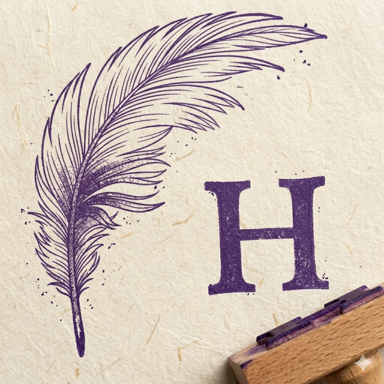 Feather Crafts logo, feather with H letter